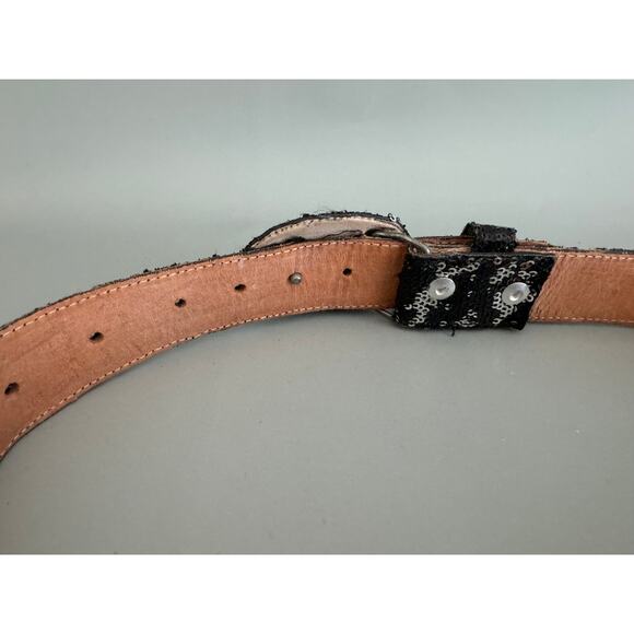Vintage Black and Silver Sequin Belt Leather Lining Size 24 - Picture 4 of 6
